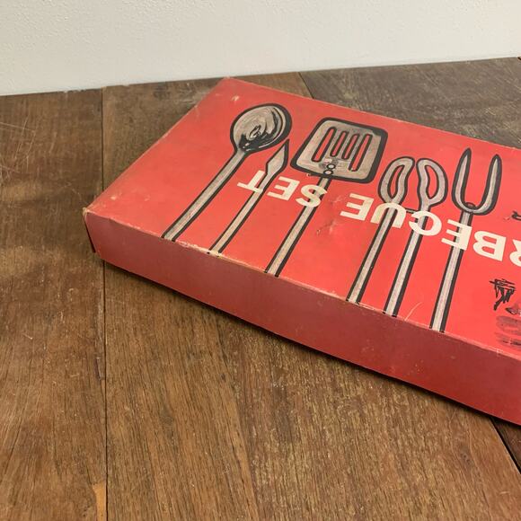 Vintage 1970s five (5) piece metal wooden handle leather loop BBQ Set UNUSED - Picture 8 of 9